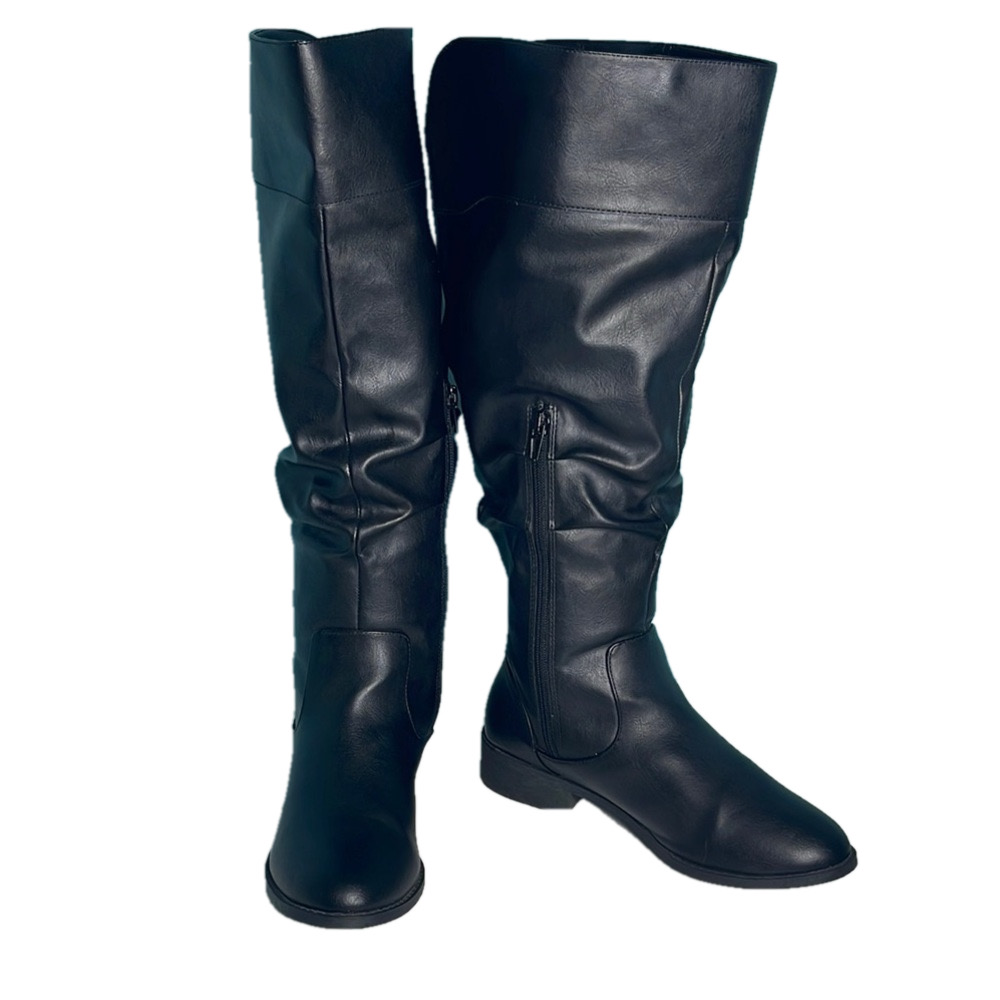 American Eagle Black Knee High Riding Boots 8W Wide Tall Faux Leather Zip